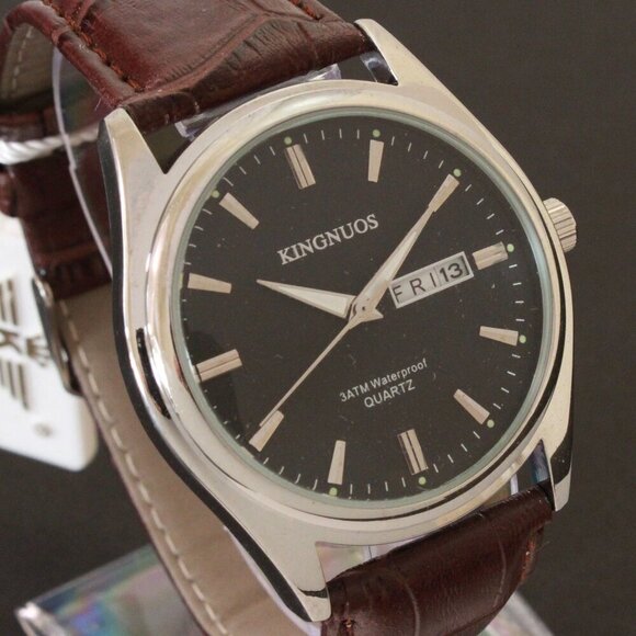 Men's Contemporary Dress Watch Silver Case Brown Leather Watch Strap 40mm - Picture 8 of 12